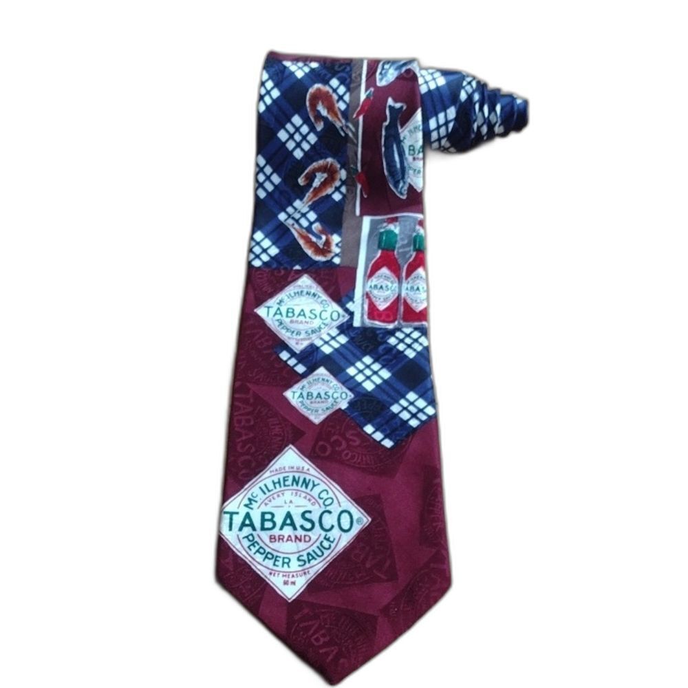 Tabasco 100% Silk Tie Maroon and Blue with Fish and Shrimp Design